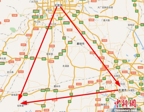 中国设立河北雄安新区。来自地图截图。 中国设立河北雄安新区。来自地图截图。
