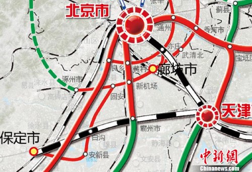 京津冀地区城际铁路网规划示意图。来自国家发改委网站 京津冀地区城际铁路网规划示意图。来自国家发改委网站